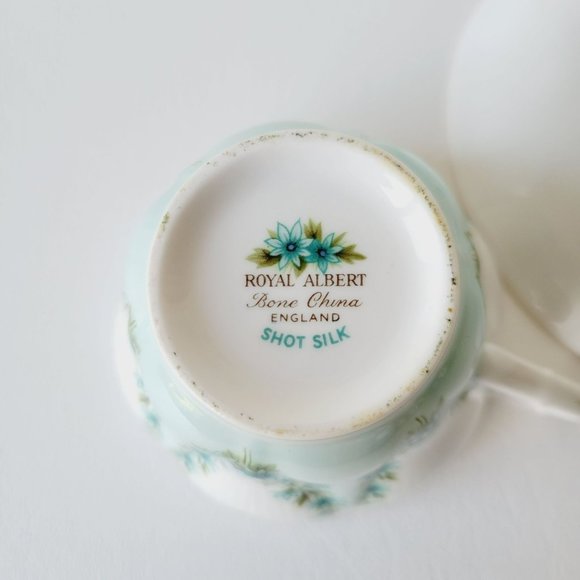 Royal Albert Shot Silk Teacup & Saucer White Blue Green Floral Swag Embossed VTG - Picture 9 of 14